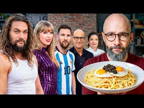 Celebrity Pastas: Jason Momoa's Eggs on Eggs, Taylor Swift's Spaghetti & Meatballs, Lionel Messi's Agnolotti Rosso, Stanley Tucci's Spaghetti alla Nerano, and Alex Guarnashelli's Spinach Pasta with French Pesto