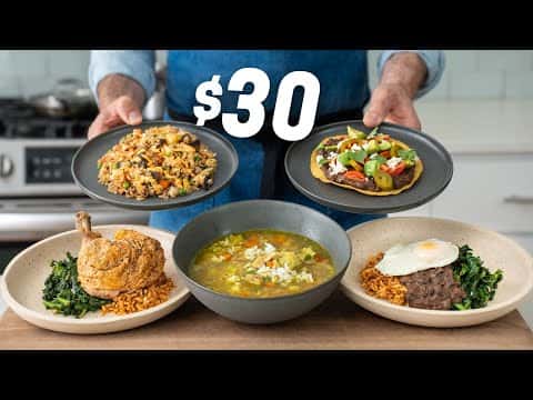 5 Healthy Budget Meals for 20 Servings (Beans, Greens & Rice, Roast Chicken, Chicken Soup, Tostadas, Fried Rice)