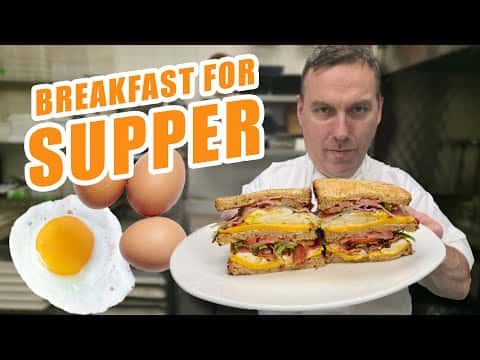 3 Breakfast for Dinner Recipes: Eggs in Purgatory, Ham and Cheese Omelet, and Breakfast Club Sandwich