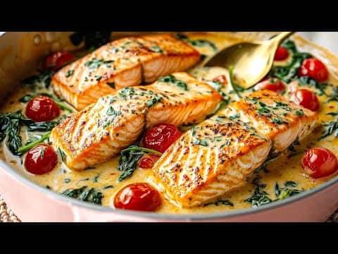 Creamy Salmon with Spinach and Cherry Tomatoes served with Butter Rice