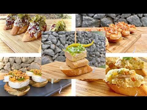 Variedad de Pintxos de San Sebastián: Brocheta de Langostinos, Taco de Atún, Tartar de Jamón Ibérico, Queso de Cabra, Ensaladilla