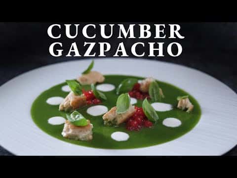 Cucumber Gazpacho with Watermelon Caviar, Pine Nut Crumble, and Coconut Cream
