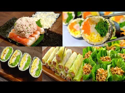 종합 레시피: 접어먹는 김밥, 두부 야채 김밥, 스팸 주먹밥, 두부 쌈밥, 접어먹는 오이 김밥, 양배추말이 김밥, 배추·케일 쌈밥, 꼬마 마약 김밥, 접어먹는 매콤 오뎅 김밥