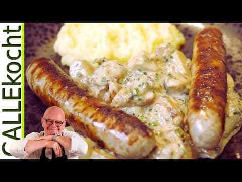 Steinpilze à la crème & grobe Bratwurst mit Kartoffelpüree