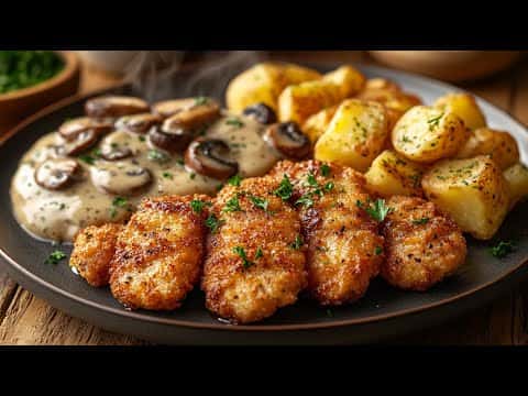 Knusprige Hähnchenstreifen mit Champignon-Rahmsoße und Petersilienkartoffeln