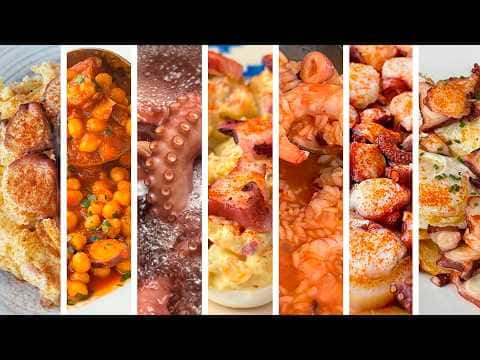 Recetario de pulpo: A la gallega, con gambones, ensaladilla, tortilla, arroz meloso, huevos rellenos, garbanzos y huevos fritos