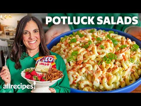 5 Potluck Salads: Fritos Corn Salad, Strawberry Pretzel Salad, Deviled Egg Macaroni Salad, Cookie Salad, and Celery and Parmesan Salad