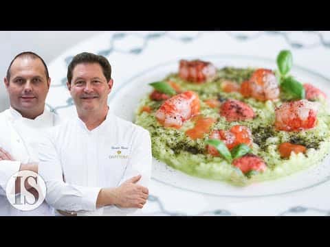 Risotto ai gamberi, pesto e emulsione di pomodoro