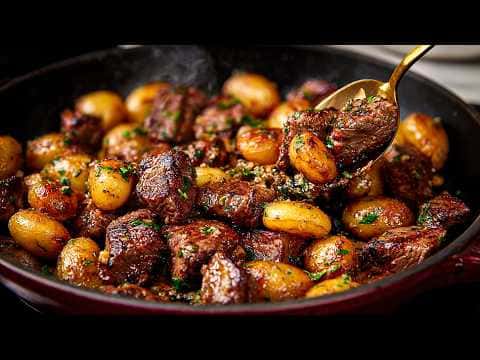 Garlic Butter Steak Bites and Crispy Potatoes with Creamy Cucumber Tomato Salad