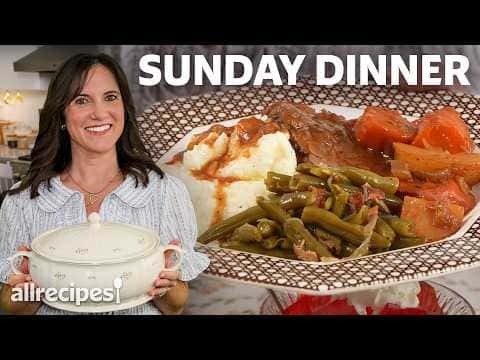 Grandma's Sunday Dinner: Pot Roast, Mashed Potatoes, Green Beans, Salad, and Chocolate Cream Pie