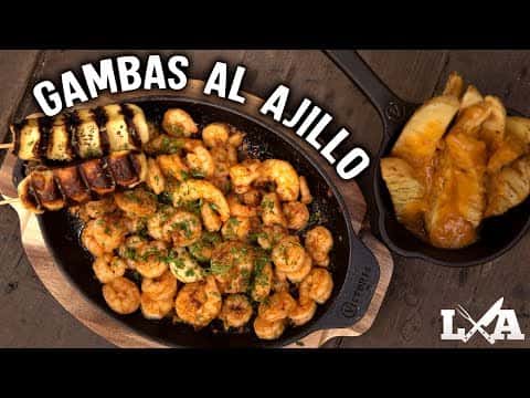 Gambas al Ajillo con Papas Bravas y Queso Halloumi a la Parrilla