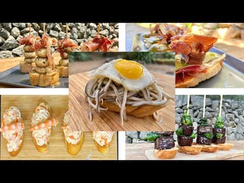 Variedad de Pintxos de San Sebastián (Capítulo 1): Jamón y Pimiento, Txaka con Langostino, Gulas con Huevo de Codorniz, Champiñón con Jamón, Morcilla de Burgos con Pimientos
