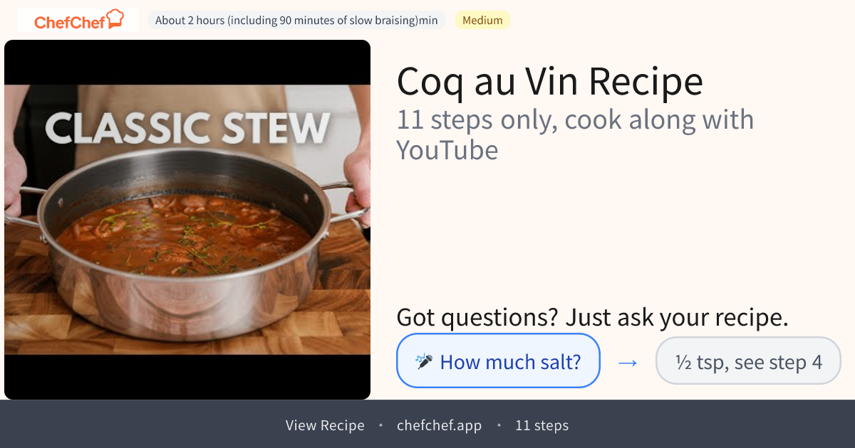 Coq au Vin | AI Cooking Agent for YouTube Recipes - ChefChef | Step-by-Step Recipe, Easy to Follow